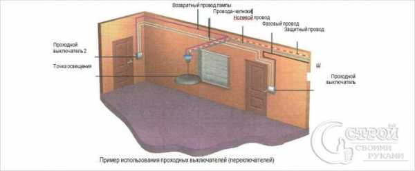 Двухклавишный проходной переключатель схема подключения